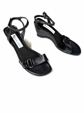 Etienne Aigner Size 7.5 Black Leather Low Wedge Sandals Ankle Strap